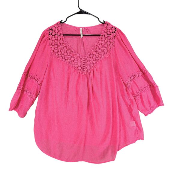 grand & greene Top sz 1X Women Aqua Blue Pink Peasant Boho Fairy Balloon Sleeves - Picture 3 of 14